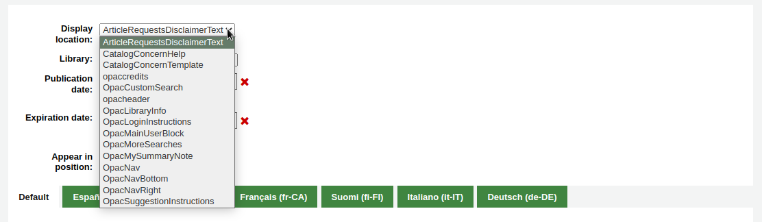 Drop-down menu of display locations for additional content