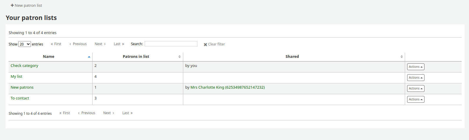View of all patron lists and New patron list button