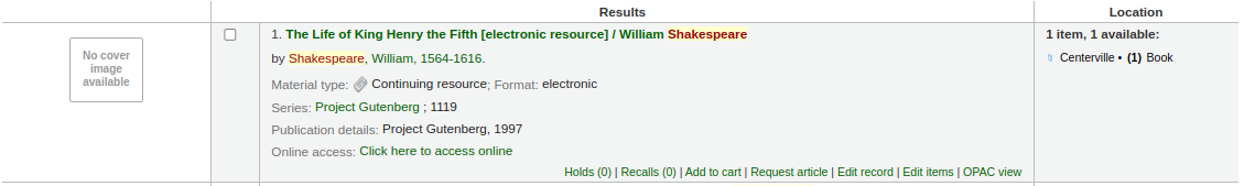 A single search result in the staff interface